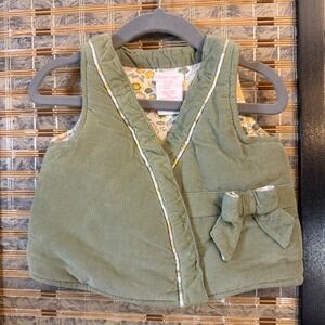 Shabby Chic Corduroy Vest Baby Girl 6-9M Green Floral Quilted Bow Cottagecore